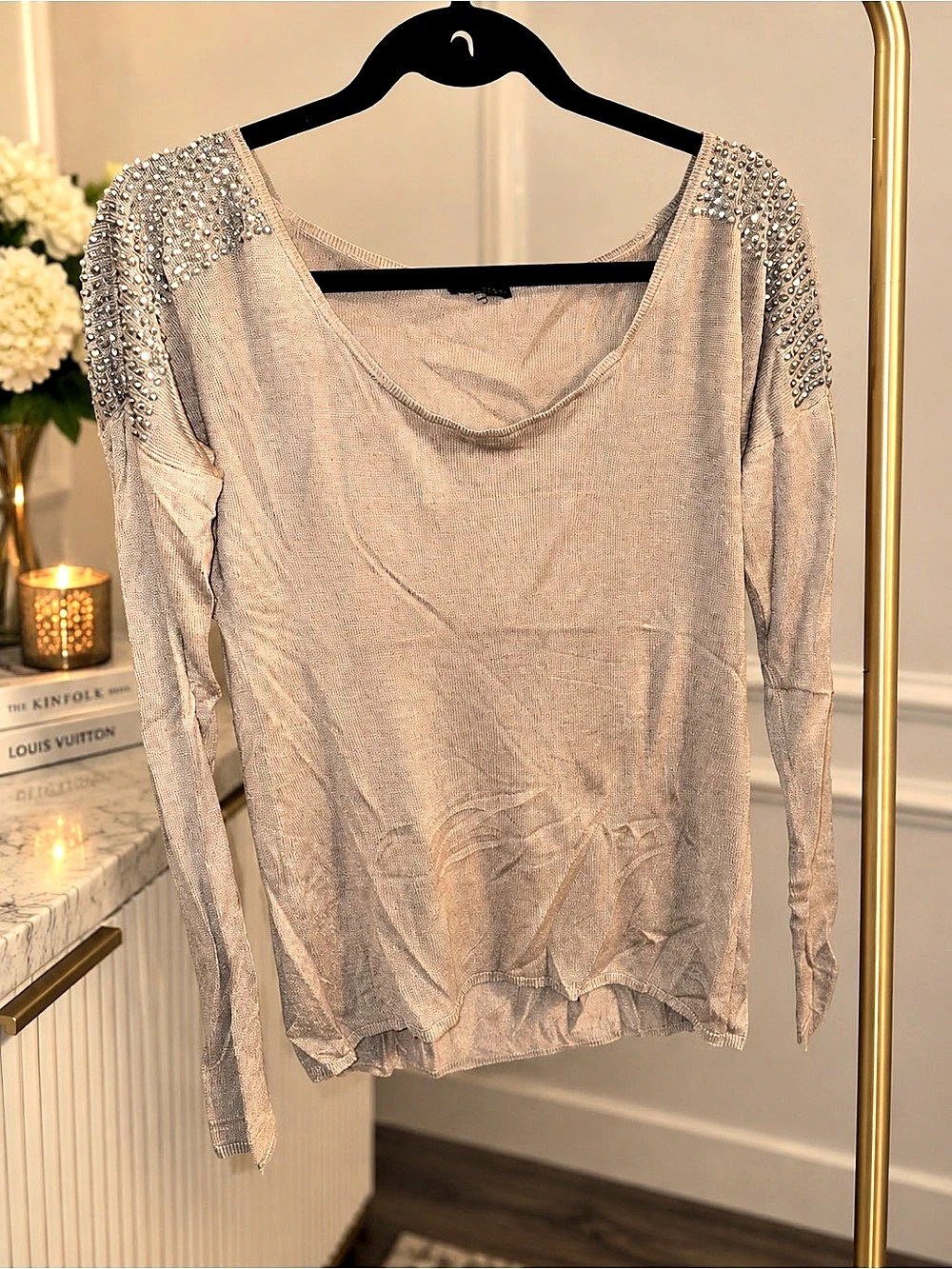 Express tan knit with studded shoulders